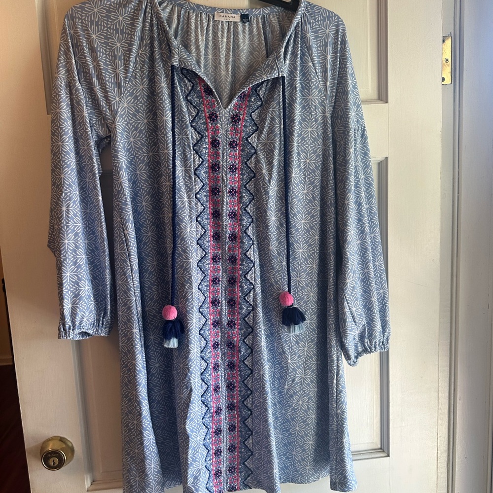 Cabana Life Blue Patterned Long-Sleeve Embroidered Tunic with Pink Tassels